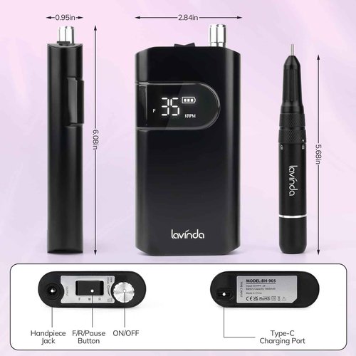 Lavinda 35000RPM Electric Nail Drill, Professional Cordless Nail Drill Machine Portable Rechargeable Nail Efile for Acrylic Gel Nails, Manicure Pedicure Polishing Shape Tools for Salon Home Use-Black