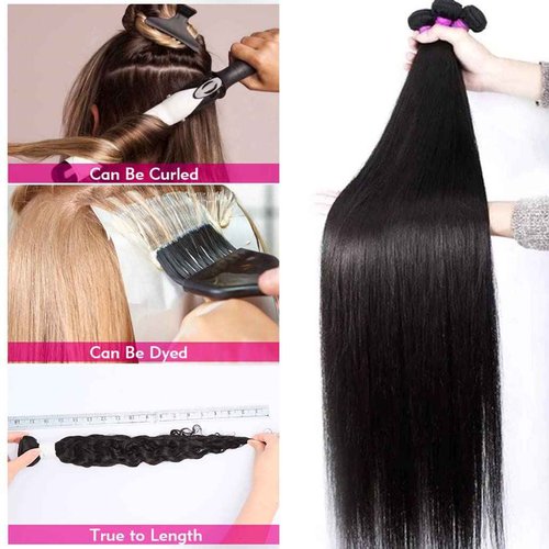 Younsolo Straight Bundles Human Hair 3 Bundles 20 22 24 Inches Straight Hair Bundles 12A Brazilian Virgin Hair Extensions for Women Double Weft Natural Black Color Bundles