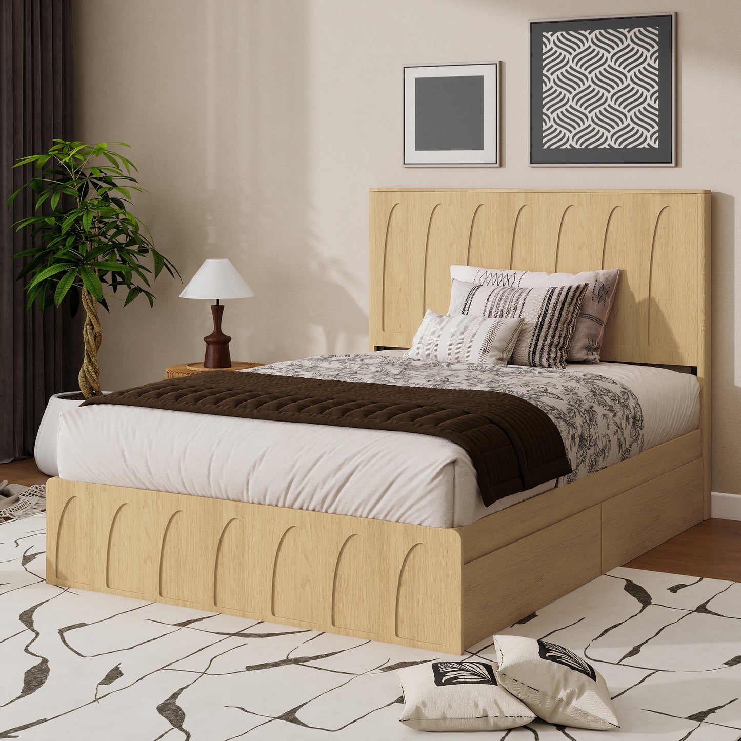 Queen Size Solid Wood Platform Bed Frame with Storage Drawers - Oak
