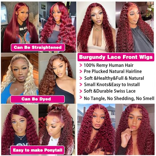 99J Burgundy Deep Wave 13x6 Lace Front Wigs Human Hair 200% Density Lace Frontal Wigs Human Hair Pre Plucked 99j Burgundy Deep Curly Wave HD Lace Front Wigs for Women (16Inch)