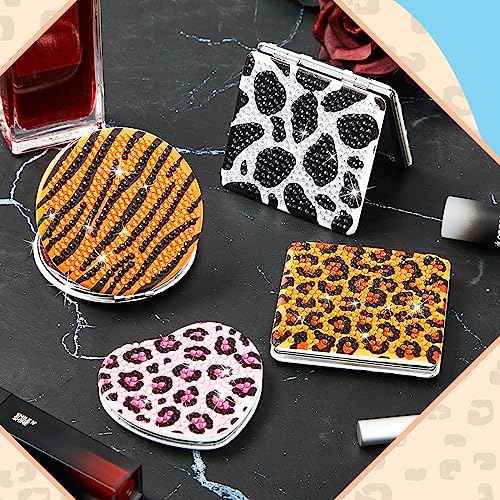 Marsui 4 Pcs Diamond Painting Compact Mirror DIY Painting Pocket Portable Folding Purse Mirror for Women Diamond Art Mom Gifts for Mother's Day Nurse Week Party Favors(Animal Skin)