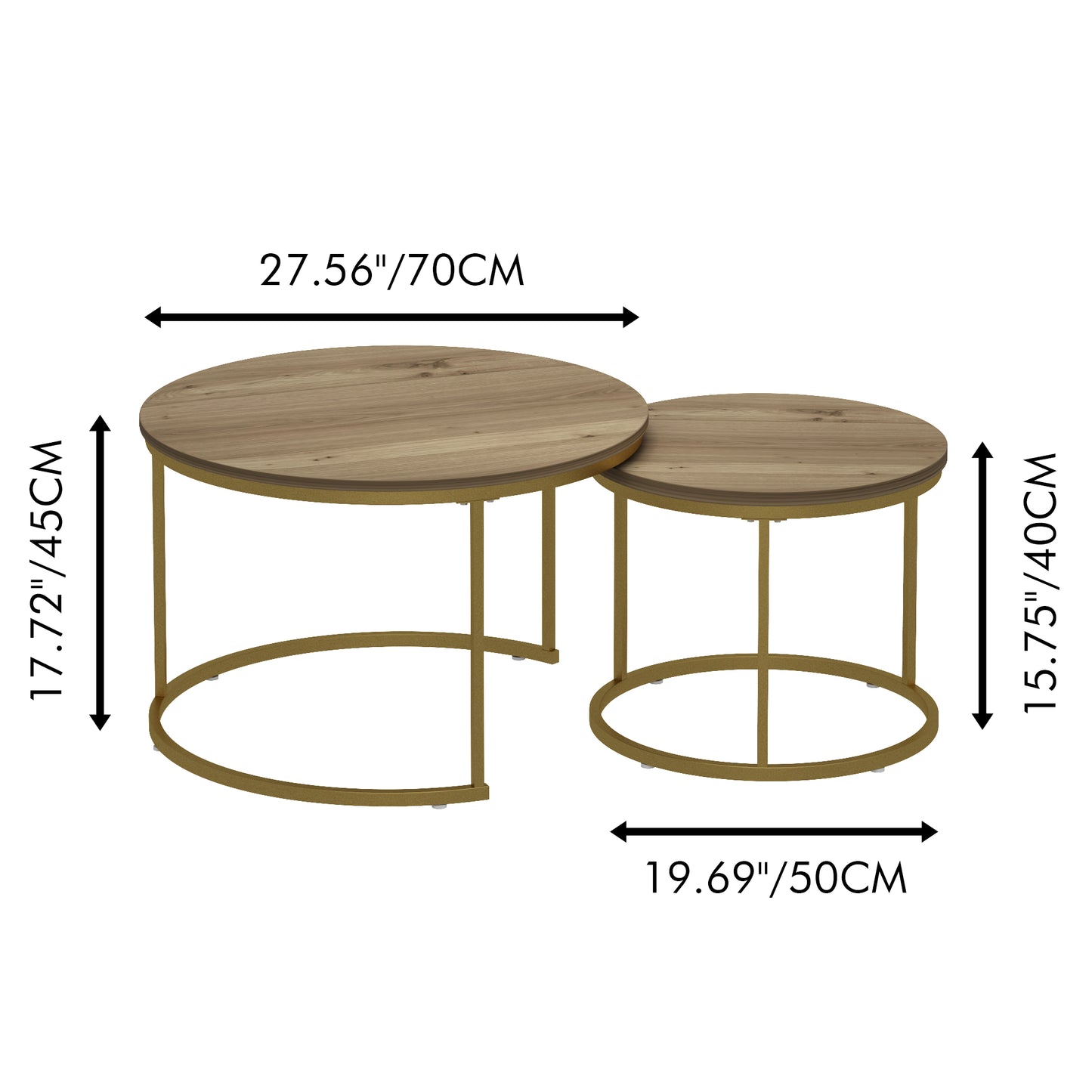Nesting Coffee Table Set of 2 - Round Wood & Metal - Brown+Gold