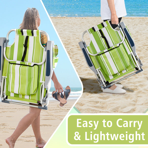 Lightweight Folding Beach Chair - Green Stripes, Adjustable Back