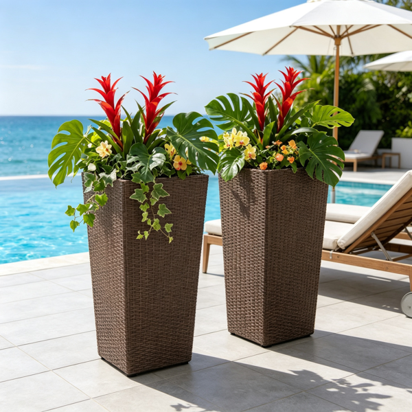 Set of 2 Rattan Planters with Removable Inner Pots & Adjustable Metal Frames - Brown Garden Decor