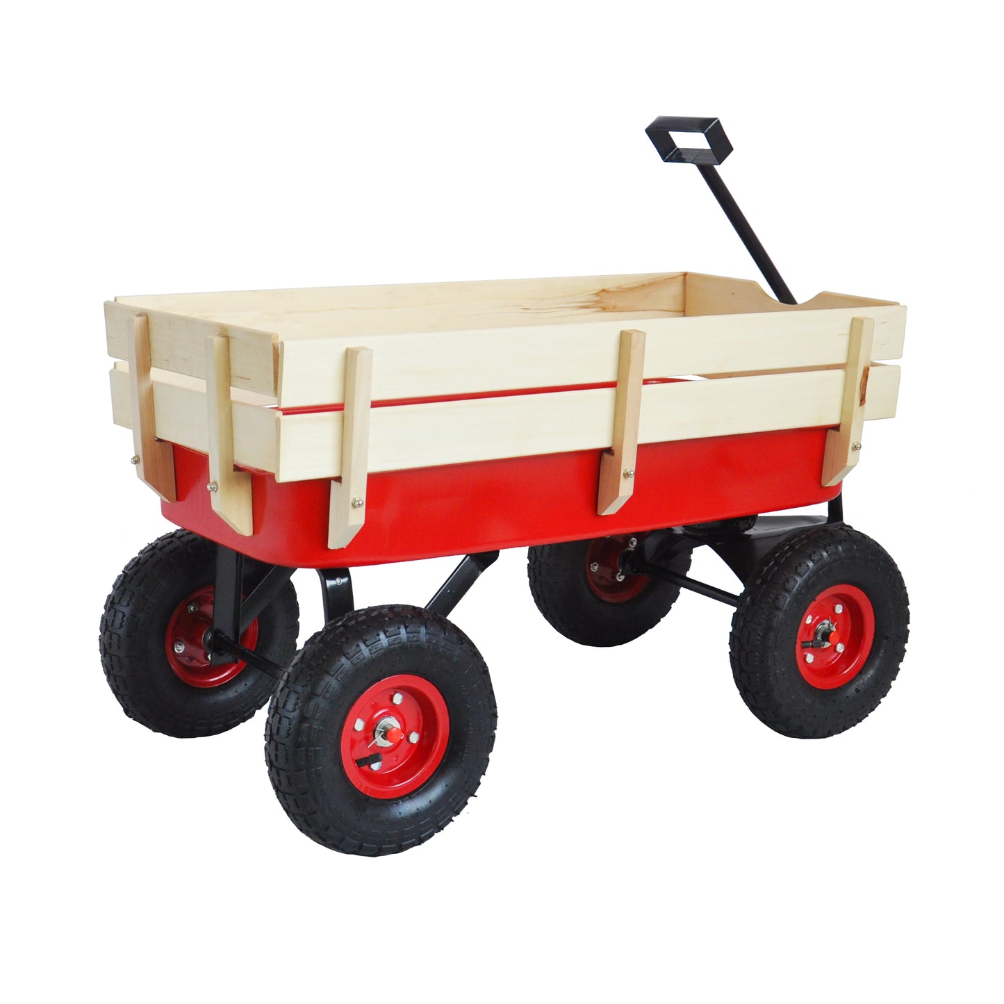 Garden Wagon with Wooden Side Panels and Pneumatic Tires - Heavy Duty Utility Cart