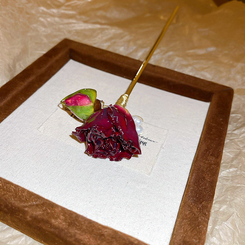 Chinese Style Rose Pearl Hairpin - Golden Red Acrylic Hair Accessory