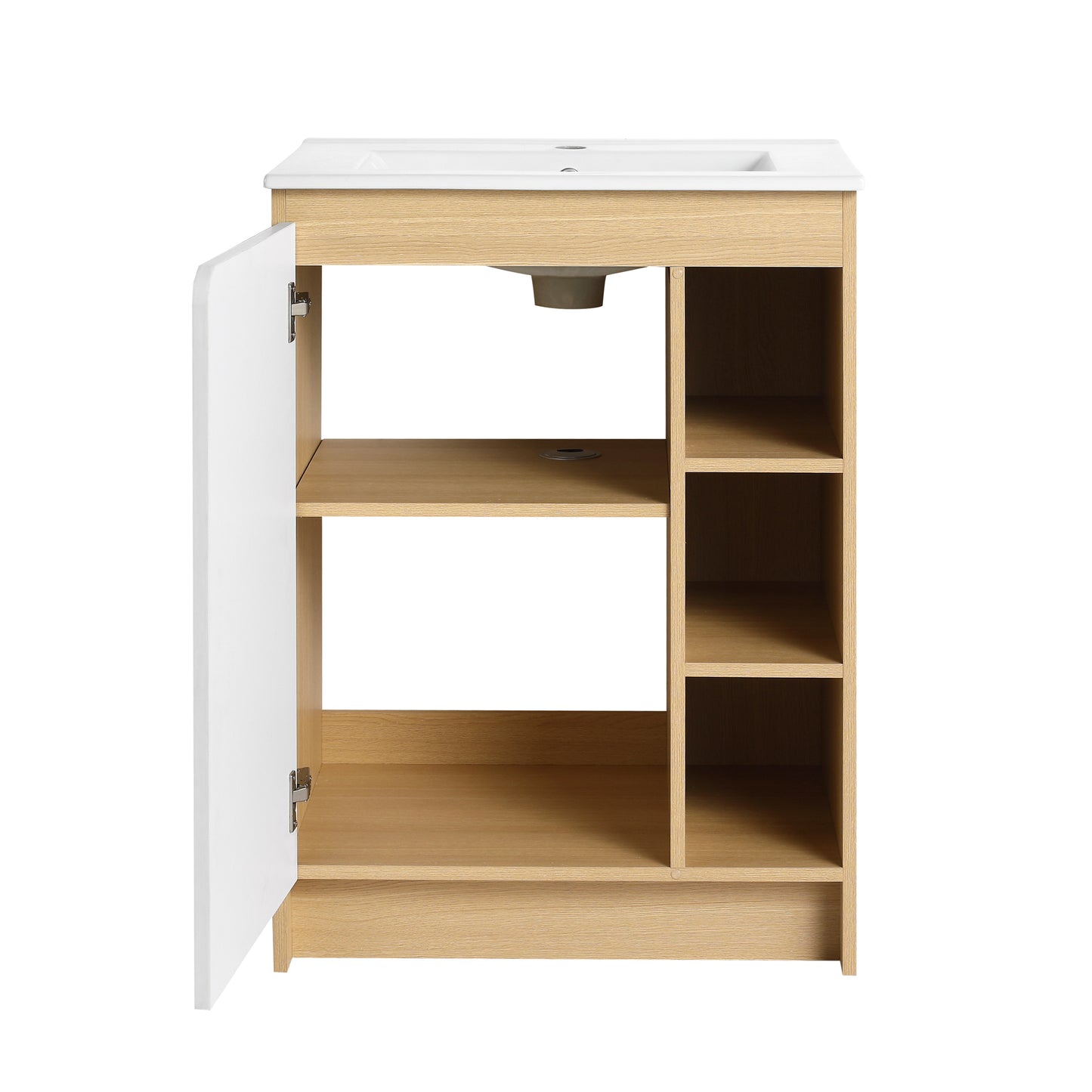 24" Light Oak Bathroom Vanity with Ceramic Sink & Open Shelves