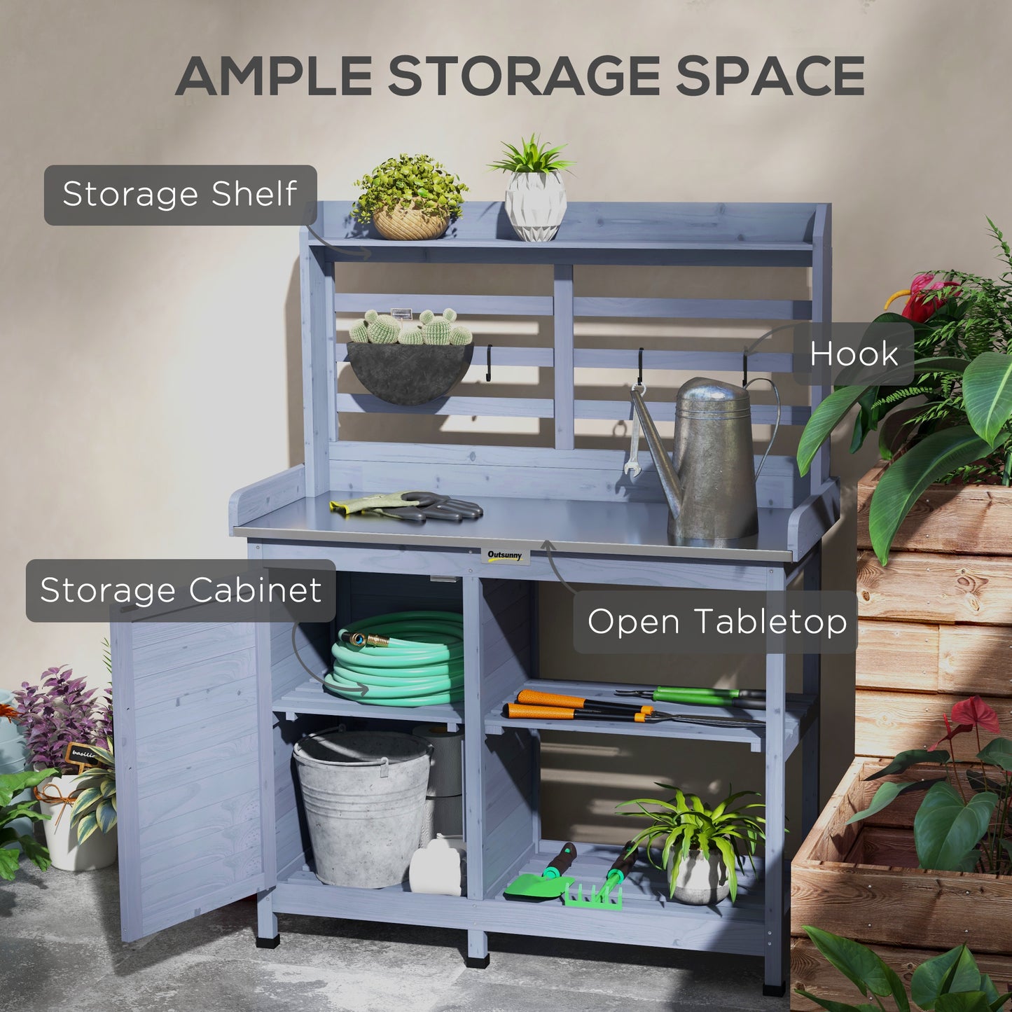 Wooden Potting Bench with Storage and Aluminum Tabletop for Garden, Patio, Balcony - Gray