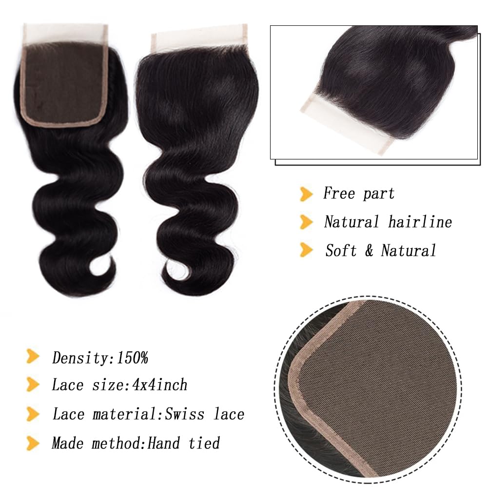 12A Body Wave Human Hair Bundles with Closure 18 20 22Inch Brazilian Body Wave 100% Unprocessed Virgin Human Hair Extensions 3 Bundles with 4x4 Lace Closure Free Part Natural Black Color