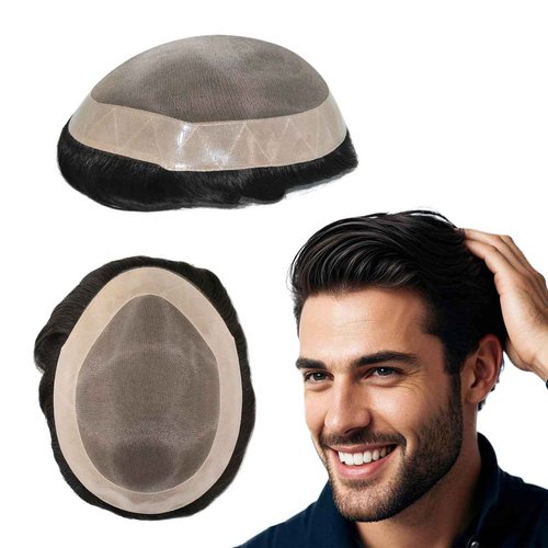 Tresshairca Men's Real Human Hair Toupee Natural Hairline Hair Replacement System for Men Breathable Fine Mono Base with Poly Perimeter Lace Front Edge Durable & Realistic Wig for Daily Wear (5"x7")