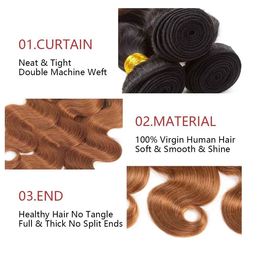 1B30 Ombre Body Wave Bundle Dark Brown Human Hair Bundles 100% Unprocessed Virgin Hair Brazilian Double Weft Extensions 16 18 20 Inch For Women