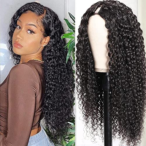 Curly V Part Wig Human Hair Brazilian Virgin Human Hair Wigs for Black Women Upgrade U Part Wigs Glueless Full Head Clip In Half Wig No Leave Out 180% Density Natural Black 18 Inch