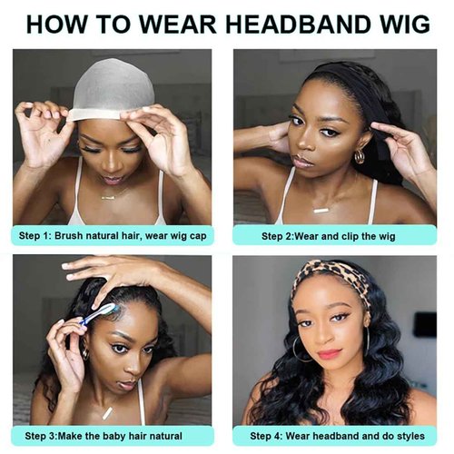 Justres Body Wave Headband Wigs Human Hair for Black Women 18 Inch None Lace Front Head bandWigs 180% Density Glueless Wear and Go Wig Machine Made Headband Wigs Natural Black Color