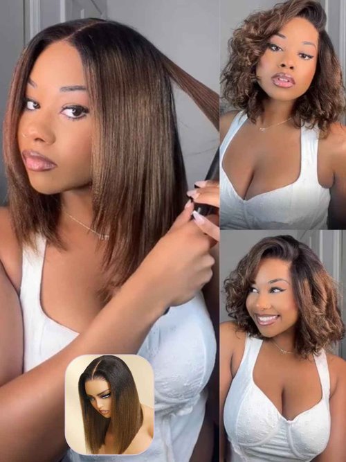 YIROO Yaki Straight Bob Wig Ombre Brown Human Hair Bye Bye Knots Glueless Wig Chestnut Brown Pre Cut 7x5 HD Lace Front Lace Put On and Go Pre Bleached Pre Plucked with Dark Roots Yaki Bob Wig 10Inch