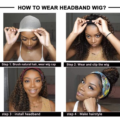 YiweYowe 34 Inch P427 Blonde Headband Wig Human Hair 150% Density Grade 8A Unprocessed Brazilian Virgin Hairs Machine Made Highlight Brown Body Wave Headband Wig Human Hair None Lace Front Wig