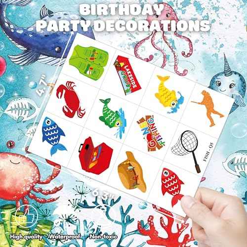96 PCS Gone Fishing Fish Pre-Cut Temporary Tattoos for Kids Birthday Theme Party Supplies Decorations Favors Decor Cute Little Nautical Fisherman Tattoo Stickers Gifts for School Prizes Boys Girls