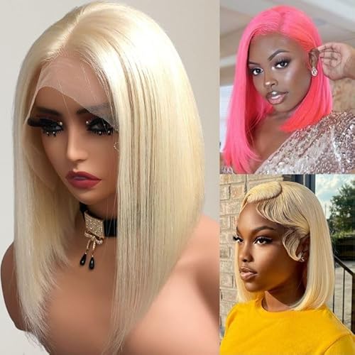 Brazilian 14 Inch Straight Blonde Bob Wig Human Hair 613 Lace Front Wig Human Hair 180% Density Pre Plucked 13x6 HD Transparent Lace Front Wig With Baby Hair 613 Blonde Lace Frontal Wigs for Women