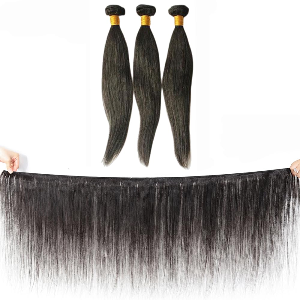 Human Hair 3 Bundles with Closure Straight 100% Unprocessed Virgin Brazilian Hair Bundles with 4x4 Lace Closure Free Part, Double Weft 10A Hair Weave Extensions (16" 16" 16" + 12" Closure)