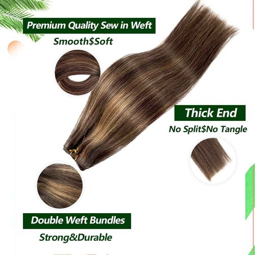 Weft Hair Extensions Human Hair 24 Inch Sew in Hair Extension Real Human Hair 120G Double Weft Ombre Light Brown to Ash Brown Highlights Sew in Human Hair Extension Full Head Remy Hair Weft Extension