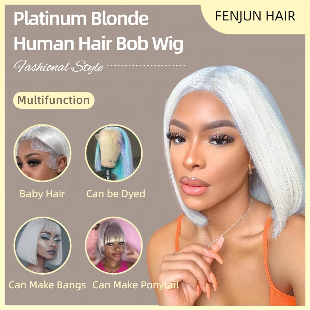 #60 Silver Grey White Platinum Blonde Wigs Human Hair for Women 10 Inch Silky Straight Ash Blonde Bob Lace Front Wigs with Baby Hair Pre plucked HD Transparent Lace Frontal 150% Density