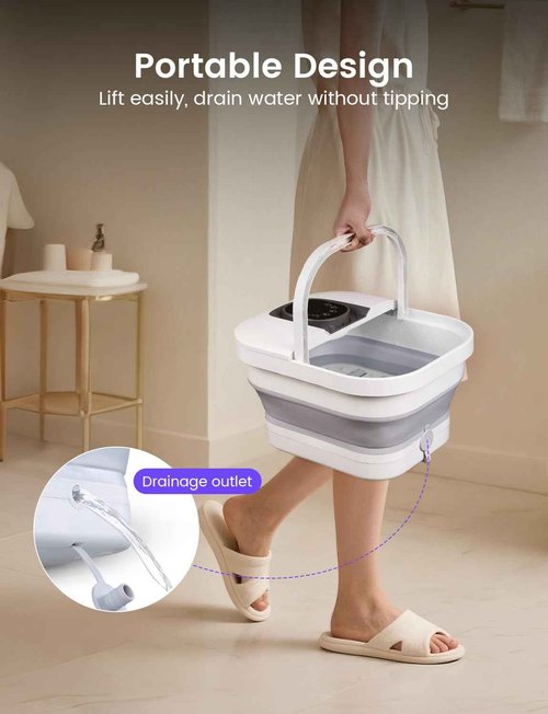 RIKE Collapsible Foot Spa with Heat, Bubbles, 24-Level Temp Control, Red Light, Timer, Foot Soaking Tub with 6 Shiatsu Rollers & Pumice Stone, Foot Bath Massager Pedicure FootSpa for Stress Relief