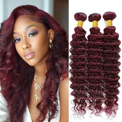 BilltiiWW Burgundy Deep Wave Bundles Color 99j Deep Wave Bundles Brazilian Human Hair Wet and Wavy Soft Silky for Black Woman 16 18 20 Inch