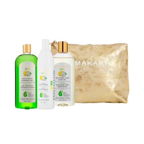 MAKARI Bebe 3 Piece Shower Gift Set - Foaming Gel, Cleansing Milk & Oil, Gentle, Nourishing & Calming Bath Routine for Newborn and Up, Hypoallergenic & Paraben-Free Baby Care Products