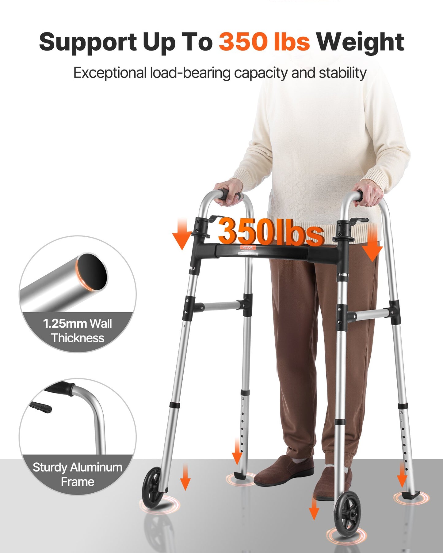 Foldable Walker with 8-Position Height Adjustment and 5-Inch Wheels - Lightweight Aluminum Support for Seniors & Adults