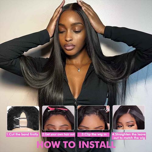 CHEETAHBEAUTY V Part Wigs Human Hair Straight V Shape Wigs for Black Women Upgrade U Part Wigs No Leave Out No Sew In No Glue Clip in Half Wigs 180% Density Natural Black 14Inch