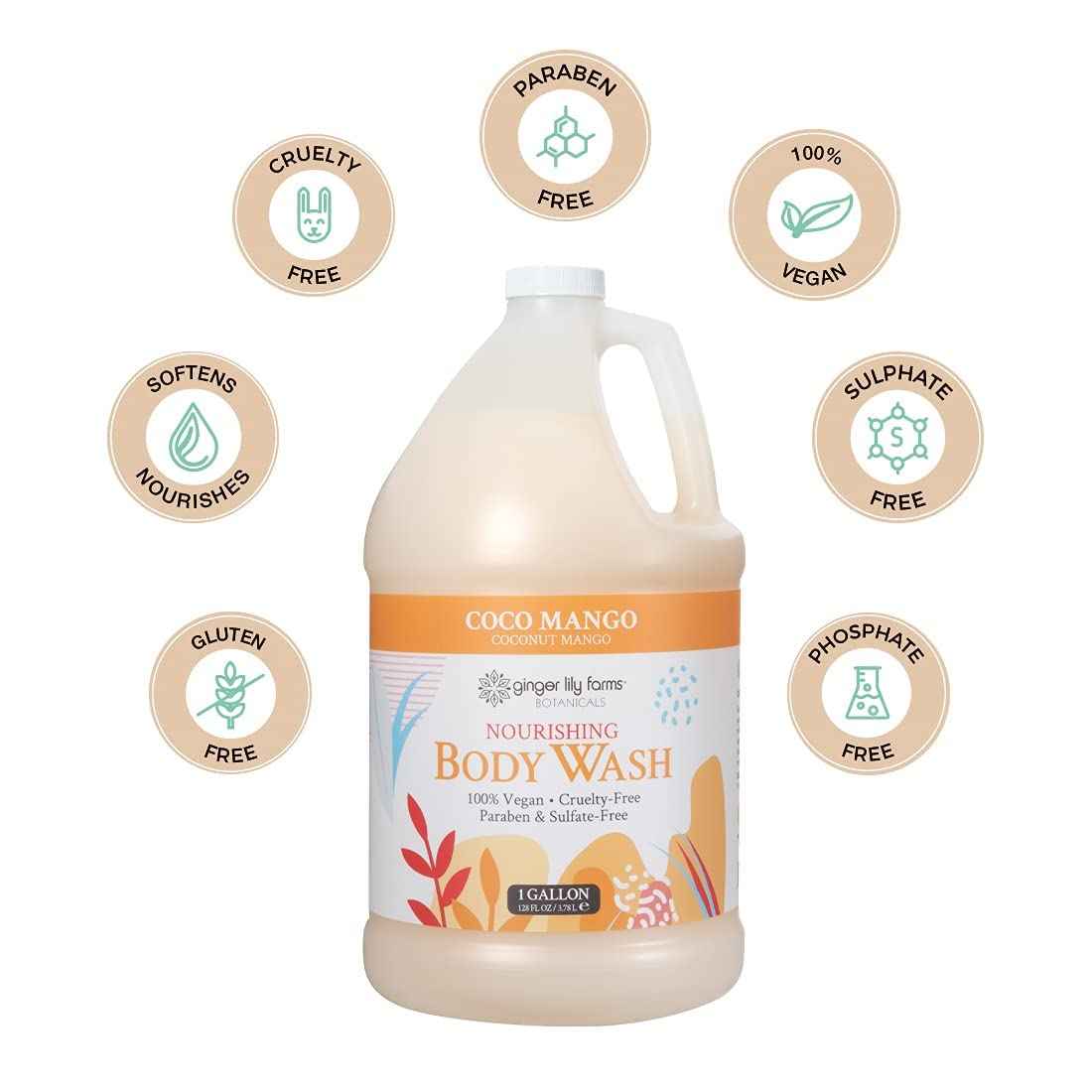 Ginger Lily Farms Botanicals Nourishing Body Wash, Coco Mango, 100% Vegan & Cruelty-Free, Coconut Mango Scent, 1 Gallon Refill 128 Ounce (Pack of 4)
