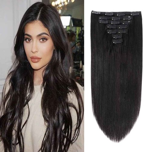 18" Clip in Human Hair Extensions Full Head 150g 7 Pieces 16 Clips Natural Black Double Weft Brazilian Real Remy Hair Extensions Thick Straight Silky (18",150g #1B)