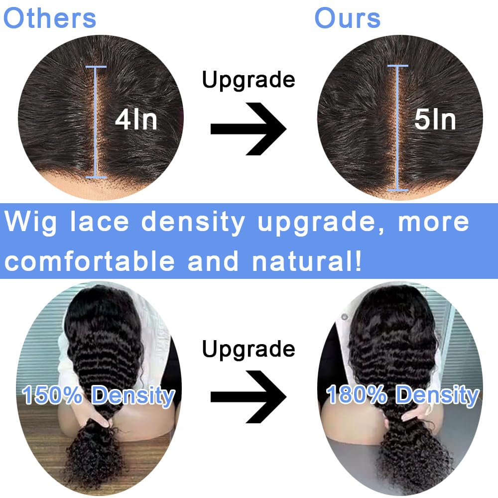 Pinketer Glueless Wigs Human Hair Pre Cut 5x5 Lace Closure Deep Wave Wig 180% Density Wear and Go Human Hair Curly Wigs for Black Women Natural Black Color Small Head Friendly 28Inch