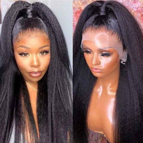 Alidiamond 360 Lace Front Wigs Human Hair Kinky Straight Wig 360 Frontal Wigs for Black Women 16 Inch 180% Density Yaki Straight 360 Full Lace Wigs with Baby Hair Natural Color
