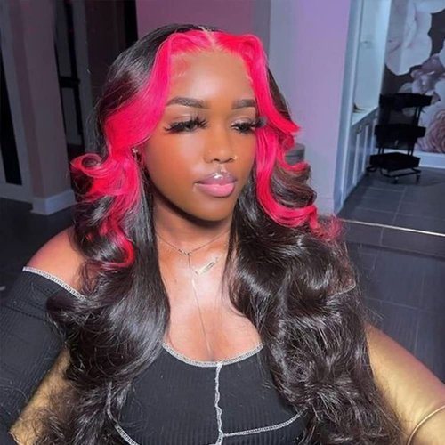 Zikria Skunk Stripe Wave Wig Ombre Lace Frontal Wig Human Hair Wigs 13X4 Pink Red 150% Density HD Transparent Lace 18 Inch