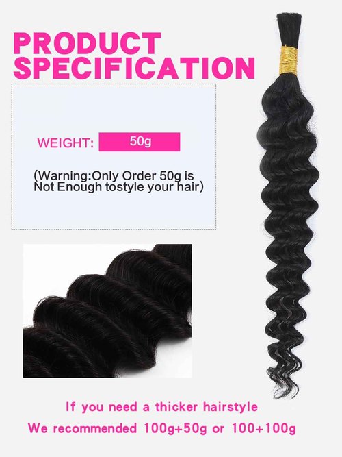Selina 2 Bundles Deep Wave Human Braiding Hair 50g/Bundle for Boho Braids Human Curly Boho Hair 10A Deep Wave Bulk Bohemian Natural Color 28 Inch