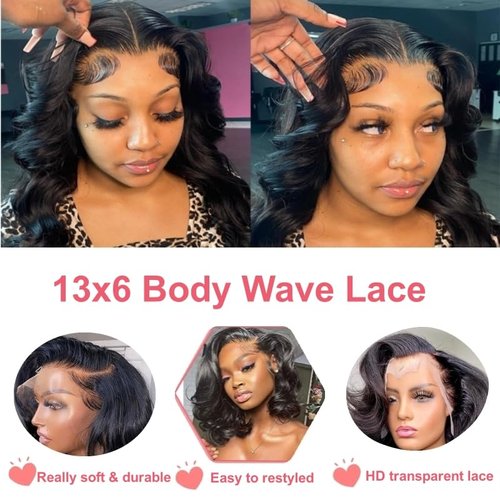 EMOBANA Bob Wig Human Hair 13x6 Lace Front Wigs 16 Inch Loose Body Wave HD Lace Frontal Wigs Glueless Wigs Human Hair Pre Plucked Wear and Go Short Bob Wigs for Black Women Natural Black Color