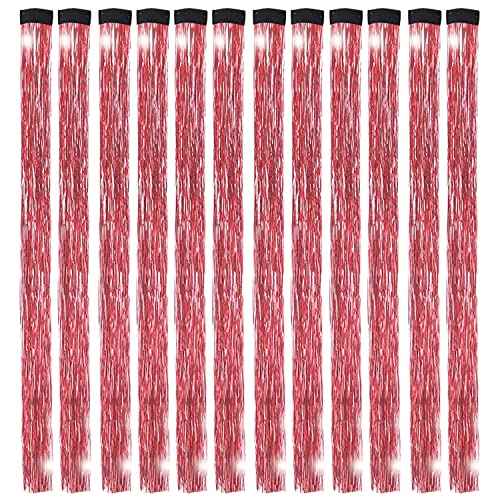 12PCS Tinsel Hair Extensions Glitter Hair Extension Clip in Gold Sparkling Fairy Hair Tinsel Kit Shiny Highlights Colorful Heat Resistant Hair Accessories for Girls Xmas New Year Party-Red