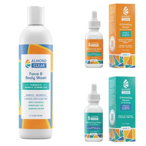 Almond Clear Face & Body Start Kit | Skin Care Kit for Oily Skin, Acne & Folliculitis - Includes Face & Body Wash, Facial Acne Serum, and Body Acne Serum
