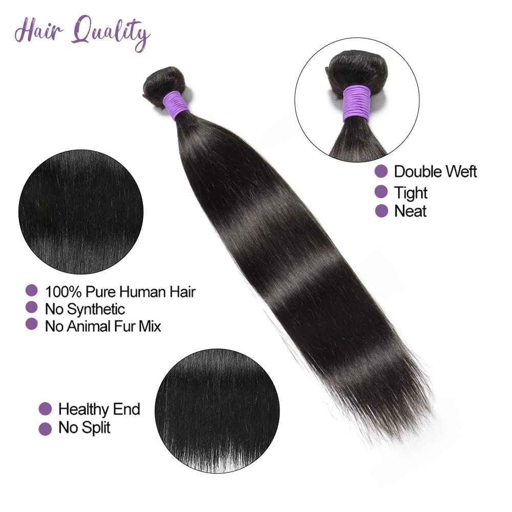 Genrein 10A Peruvian Straight Human Hair 3 Bundles Deals 18 20 22 Inch 100% Unprocessed Virgin Straight Hair Weave Bundles 1B Color for Black Women