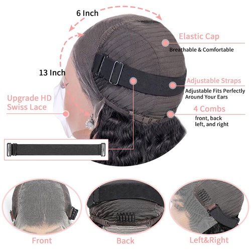 Dokihis 13x6 Deep Wave Lace Front Wigs Human Hair 22 Inch 200 Density HD Lace Frontal Glueless Wigs Human Hair Pre Plucked Deep Curly Wig with Baby Hair Natural Black