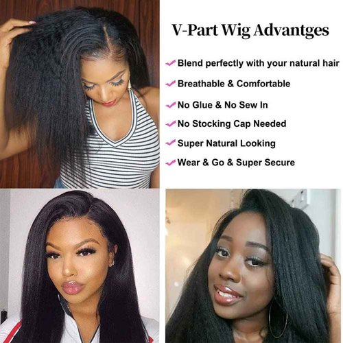 V Part Wig Human Hair Kinky Straight V Part Human Hair Wig for Black Women 180% Density Upgrade U Part Human hair wig Glueless V Shape Wig Yaki Straight Human Hair Wig Beginner Friendly 20 Inch