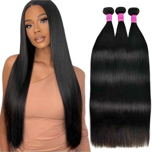 12A Straight Bundles Human Hair,Double Weft for Women 100% Unprocessed Brazilian Virgin Hair Extensions Natural Black 16 18 20 Inch 3 Bundles