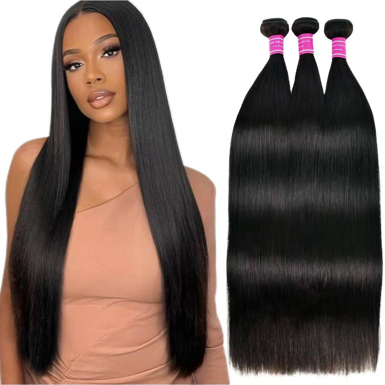 12A Straight Bundles Human Hair,100% Unprocessed Human Hair Brazilian Virgin Straight 3 Bundles Deals Real Natural Black Color Hair Extensions for Women 20 22 24 Inch