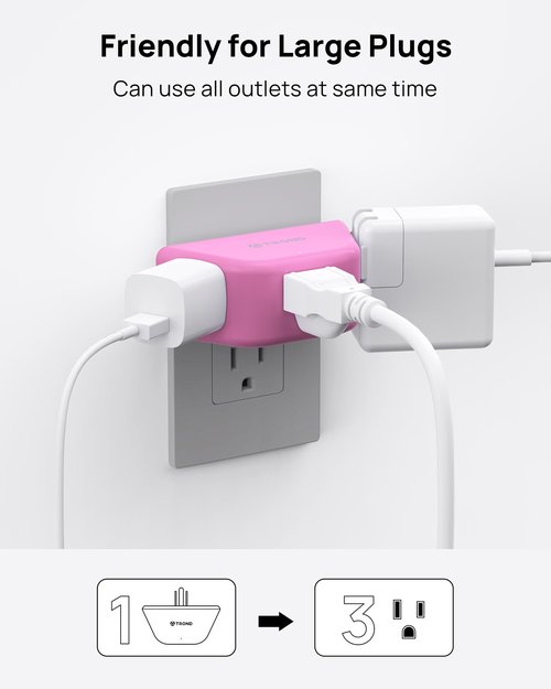 TROND Pink Outlet Extender - Multi Plug Outlet with 3-Prong Grounded Sockets, 3 Way Angled Plug Splitter, Compact and Practical Multiple Wall Expander for Home Travel Cruise Dorm Essentials
