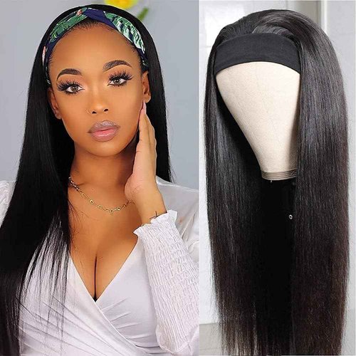 Unvizossa Headband Wig Straight Human Hair Wigs for Black Women Glueless None Lace Front Human Hair Brazilian Virgin Hair Machine Made Headband Wigs 150% Density Natural Color 24 Inch