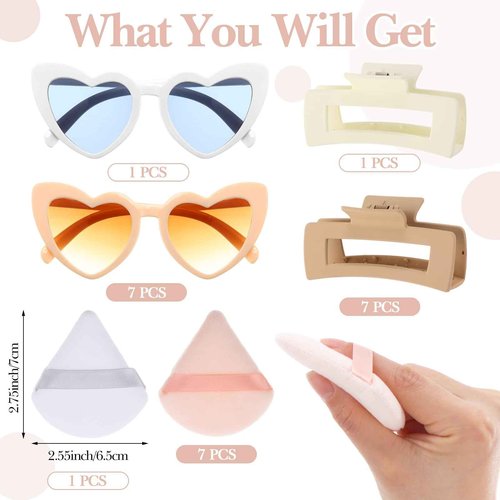 FoldTier 56 Pcs Bridesmaid Proposal Gifts Maid Gifts Clear Cosmetic Bags Jewelry Storage Boxes Hair Clip Hair Scrunchies Heart Shaped Sunglasses Bracelet Powder Puffs for Wedding(Champagne)