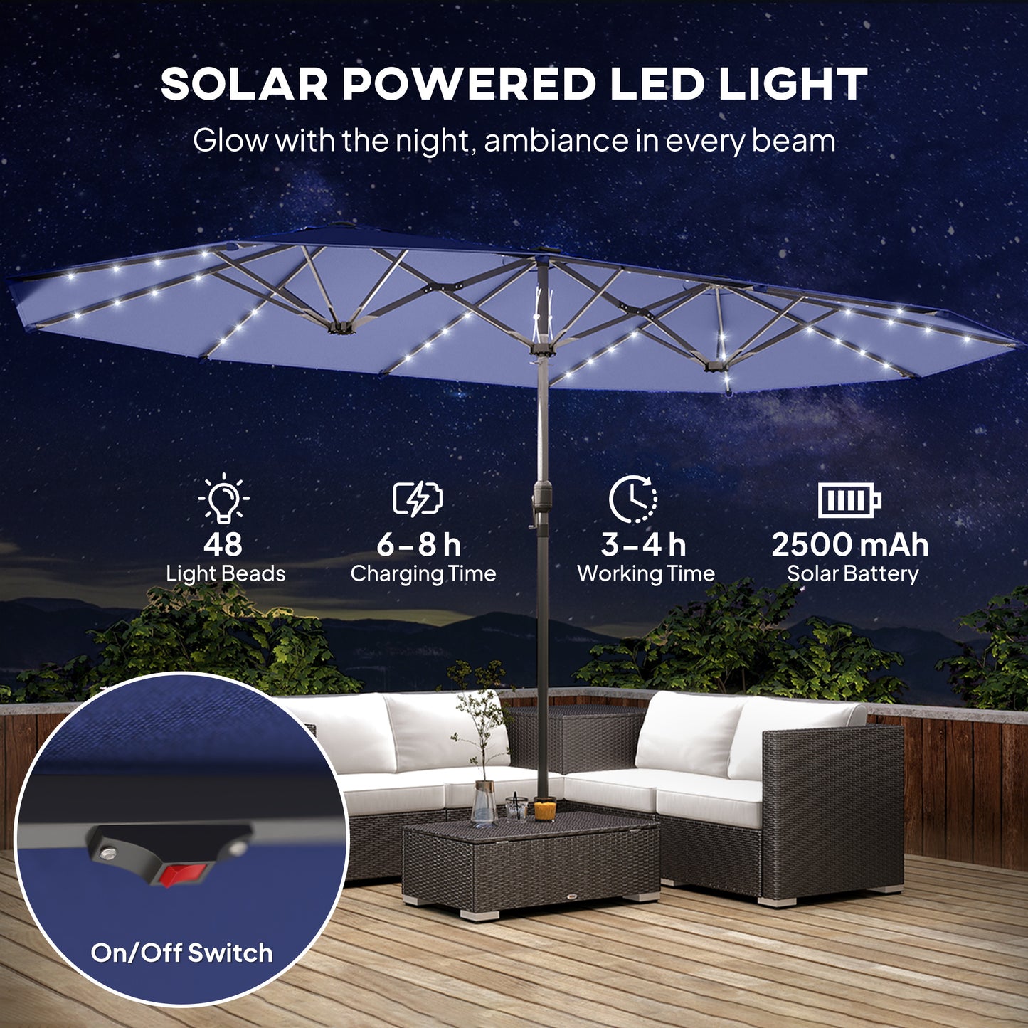 Double-Sided Garden Parasol with LED Solar Lights - Navy Blue