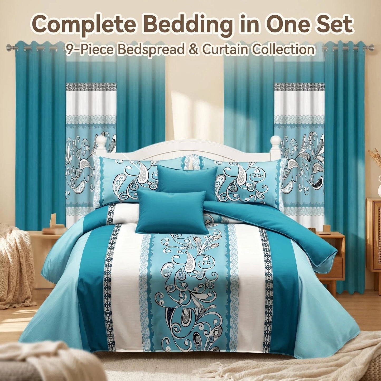 9-Piece Quilt and Curtain Bedding Set - Turquoise Paisley Design