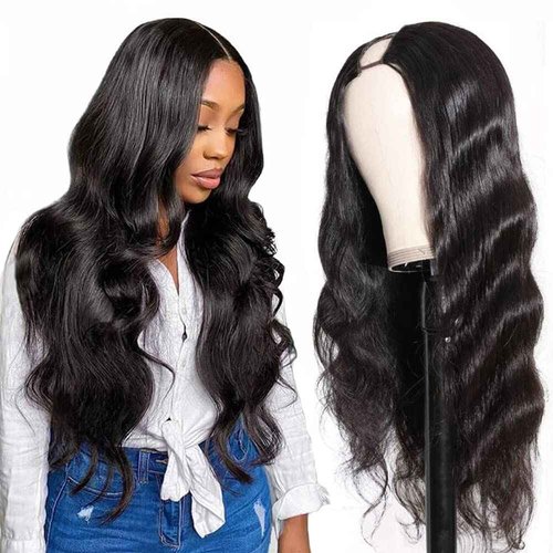 U Part Human Hair Wig Body Wave Drawstring Wig 180% Density U Part Wig Brazilian Virgin Human Hair wigs for Women Full Head Clip in Half Wigs Glueless No Leave Out Lace Front Wig Natural Color 24inch