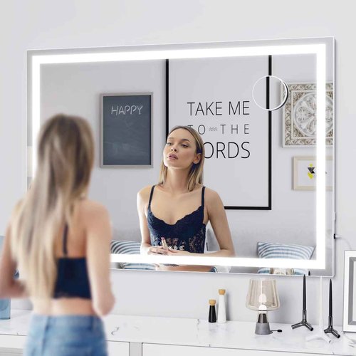 Gvnkvn Makeup Vanity Mirror with USB Charging Port 28" x 22" Large LED Makeup Mirror, Desk Mirorr with Lights, Light up Mirror with 10X Magnification and, Dimmable 3 Modes, Touch Control Black